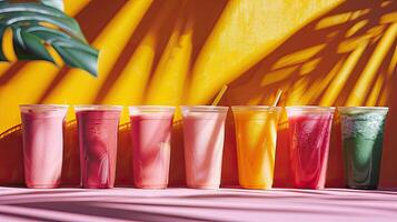 sommige cups van smoothies, minimalistische achtergrond, schaduw doorbladert foto