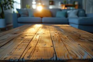 leeg houten tafel in leven kamer detailopname mockup foto