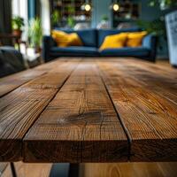 leeg houten tafel in leven kamer detailopname mockup foto