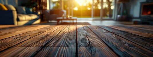 leeg houten tafel in leven kamer detailopname mockup foto