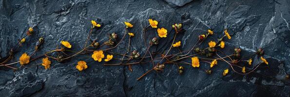 overvloed van klein geel bloemen Aan donker steen achtergrond foto