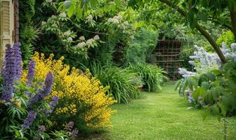 een tuin hoek versierd met lila en laburnum struiken foto