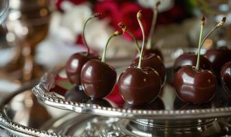 een verrukkelijk met chocolade bedekt kers geserveerd Aan een zilver schotel foto