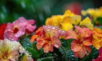 regendruppels vastklampen naar de bloemblaadjes van kleurrijk bloeiend bloemen in een tuin, detailopname visie foto