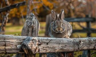 konijn tegen een rustiek hek foto