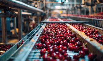 rijp kersen wezen gesorteerd en verpakt in een bruisend fruit verwerken faciliteit foto