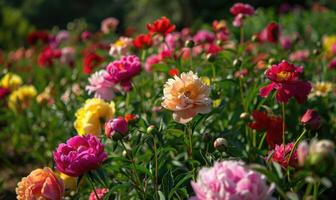 een pioen tuin met divers kleuren en variëteiten in vol bloeien foto