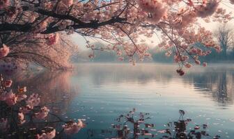 een voorjaar meer omringd door bloeiend kers bloesems foto