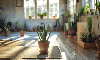 een sereen yoga studio versierd met ingemaakt aloë vera planten foto