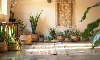 een sereen yoga studio versierd met ingemaakt aloë vera planten foto