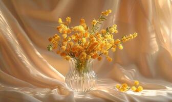 boeket van bloeiend mimosa takken in glas vaas foto