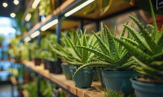 aloë vera planten voering de schappen van een botanisch winkel foto