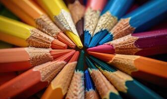 detailopname van een bundel van gekleurde potloden, abstract achtergrond met gekleurde potloden macro visie foto