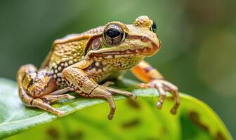 detailopname van rana arvalis neergestreken Aan een blad foto