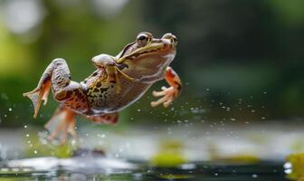 detailopname van rana arvalis in mid-jump foto