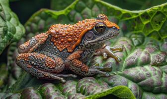 detailopname van rana arvalis neergestreken Aan een blad foto