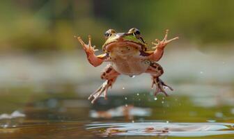 detailopname van rana arvalis in mid-jump foto