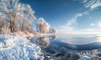 een winter landschap met een bevroren meer en met sneeuw bedekt Woud foto