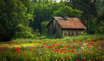 een charmant huisje genesteld temidden van een veld- van voorjaar wilde bloemen foto