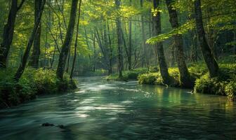 een rustig oever van de rivier bekleed met ontluikend bomen en levendig groen. voorjaar natuur achtergrond foto