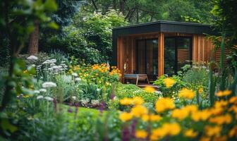 een minimalistische modern houten cabine omringd door een verscheidenheid van voorjaar bloemen en weelderig groen gebladerte in een rustig tuin instelling foto