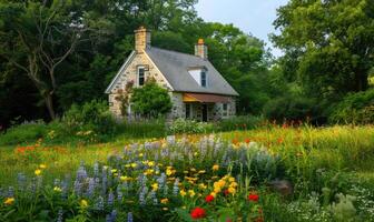 een charmant huisje genesteld temidden van een veld- van voorjaar wilde bloemen foto