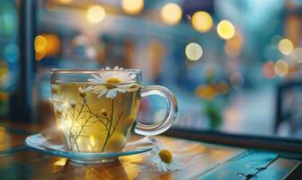 kamille thee geserveerd in een knus cafe foto