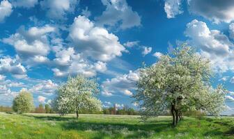 blauw luchten over- een bloeiend boomgaard foto