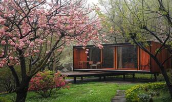 een knus modern houten cabine in kers bloesem bomen en weelderig groen in een voorjaar tuin foto