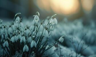 sneeuwklokjes zwaaiend in de briesje, dichtbij omhoog visie, zacht focus, wazig achtergrond foto