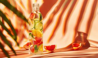 studio schot van een levendig glas fles mockup presentatie van een verfrissend met fruit doordrenkt water foto