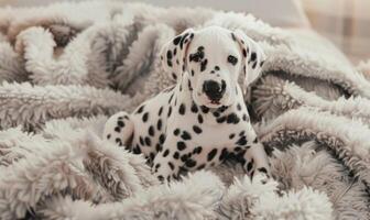 schattig dalmatiër puppy met zwart vlekken zittend Aan een pluizig deken foto