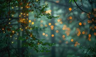 etherisch bokeh lichten diffuus door de nevel in een mystiek bos, natuur achtergrond foto