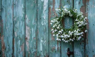 sneeuwklokjes krans Aan een houten deur foto