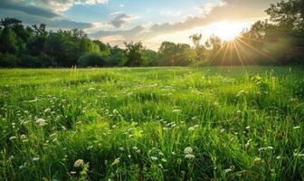 zonovergoten groen weide, voorjaar weide achtergrond foto