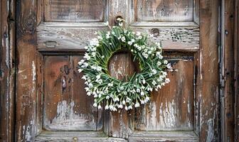 sneeuwklokjes krans Aan een houten deur foto