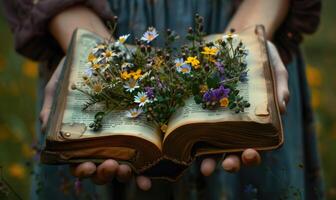 handen Holding een Open oud boek met wilde bloemen bloeiend van haar Pagina's, detailopname visie foto