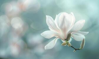 detailopname van een delicaat magnolia bloesem tegen een zacht wazig achtergrond, bloemen achtergrond foto