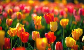 veld- van levendig tulpen, voorjaar natuur, tulp achtergrond foto