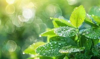 regendruppels Aan vers groen bladeren, dichtbij omhoog visie van voorjaar groen bladeren, natuur achtergrond foto