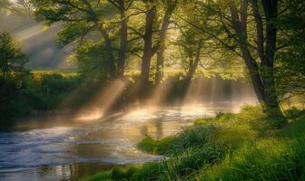 zonlicht filteren door de bomen op een sereen voorjaar rivier- foto