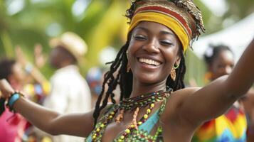 ai gegenereerd een caraïben vrouw is dansen naar reggae muziek- Bij een festival in Jamaica foto