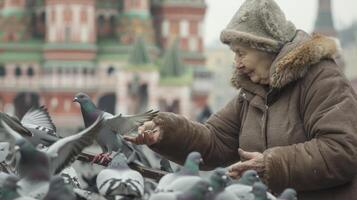 ai gegenereerd een Russisch vrouw in haar jaren 50, met een vacht hoed en een warm jas, is voeden duiven in rood vierkant, Moskou foto