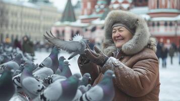 ai gegenereerd een Russisch vrouw in haar jaren 50, met een vacht hoed en een warm jas, is voeden duiven in rood vierkant, Moskou foto