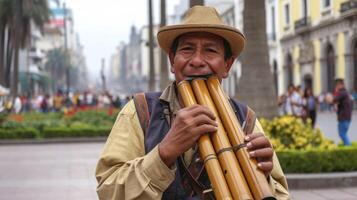 ai gegenereerd een zuiden Amerikaans straat artiest is spelen de pan fluit in een plein in lima, Peru foto