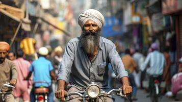 ai gegenereerd een middelbare leeftijd Mens van zuiden Azië, met een tulband en een baard, is rijden een fiets in een bezig straat in Delhi foto