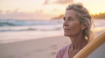 ai gegenereerd een middelbare leeftijd vrouw van Oceanië, met een attent uitdrukking en een surfplank, is aan het kijken de golven Aan een strand in goud kust, Australië foto