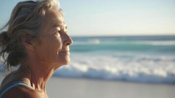 ai gegenereerd een middelbare leeftijd vrouw van Oceanië, met een attent uitdrukking en een surfplank, is aan het kijken de golven Aan een strand in goud kust, Australië foto