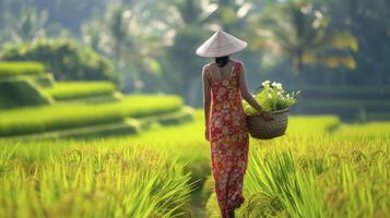 ai gegenereerd een tiener- meisje van zuidoosten Azië, met een traditioneel jurk en een mand van bloemen, is wandelen in een rijst- veld- in Bali, Indonesië foto