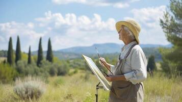 ai gegenereerd een middelbare leeftijd vrouw van western Europa, met een baret en een penseel, is schilderij een landschap in een veld- in Provence, Frankrijk foto